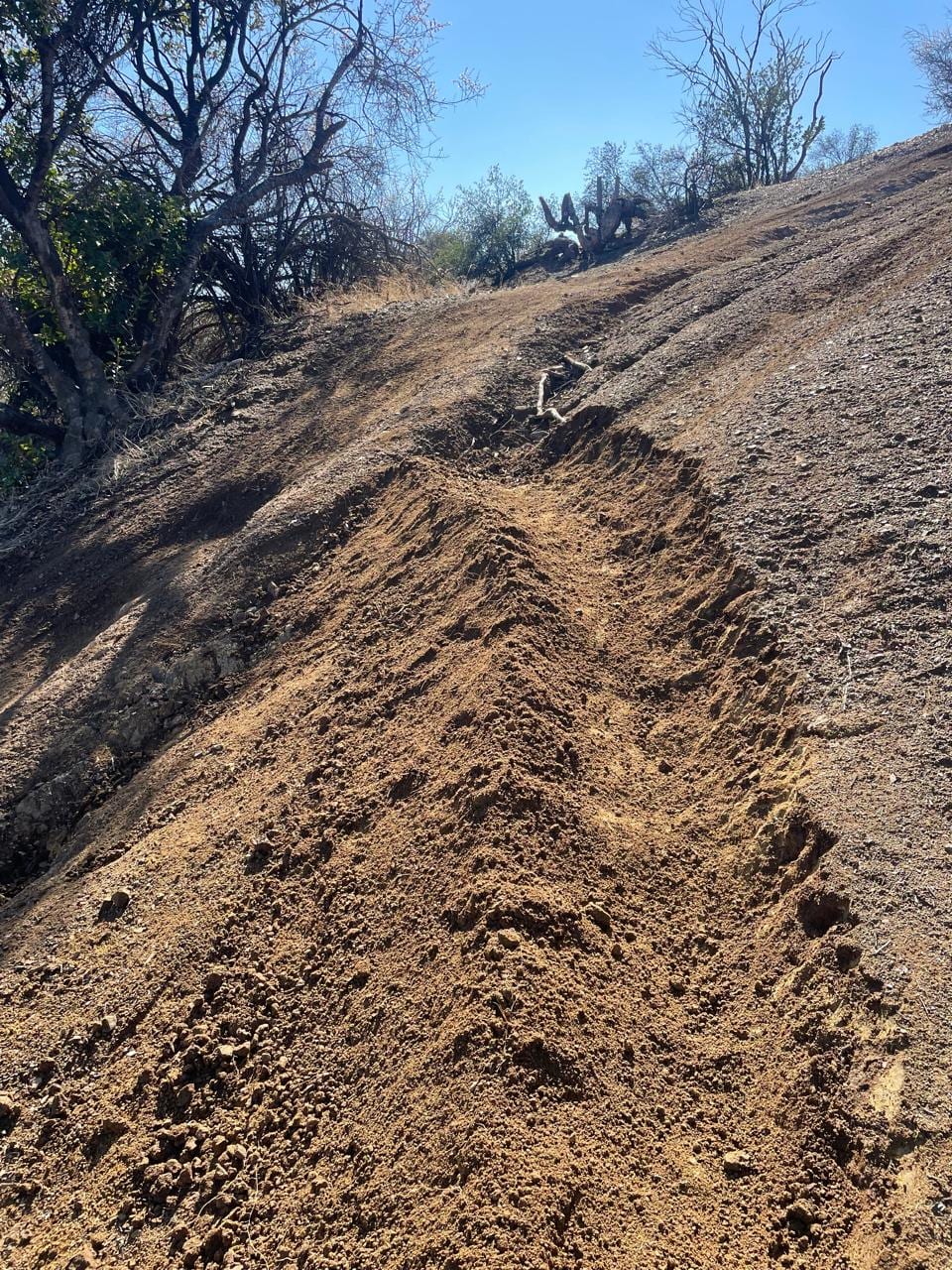 Tramo de sendero recién reperfilado en una ladera empinada